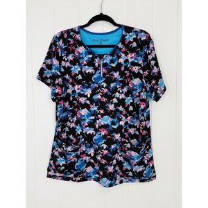 Easy Stretch Multicolor Floral Zip Front Scrub Top Women Large Abstract Print